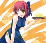  bare_shoulders blush china_dress chinese_clothes dress hair_ribbon kohaku leaning_forward mr_chin one_eye_closed q-gaku ribbon short_hair smile solo tsukihime waitress 