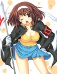  armband breasts brown_hair cleavage covered_nipples large_breasts one_eye_closed short_hair solo suzumiya_haruhi suzumiya_haruhi_no_yuuutsu uehiro 