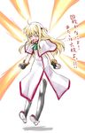  angry arisa_bannings black_gloves blonde_hair burning_arisa capelet clenched_hands closed_eyes dress fingerless_gloves full_body gloves jumping long_sleeves lyrical_nanoha magical_girl mahou_shoujo_lyrical_nanoha_strikers minamura_haruki simple_background solo text_focus thighhighs translation_request white_background white_dress wince 