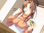  apron breasts brown_hair chopsticks covered_nipples eating game_cg glasses hanawa_momiji jingai_makyou long_hair medium_breasts nishii_(nitroplus) orange_eyes orange_shirt ribbon shirt solo 