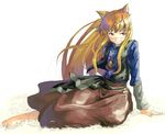  animal_ears barefoot fang holo long_hair myu red_hair solo spice_and_wolf wolf_ears 