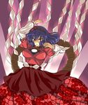  artist_request breasts brooch cowboy_shot dress gem hair_ornament jewelry large_breasts leaf_hair_ornament long_sleeves looking_at_viewer purple_hair red_dress red_eyes rope shimenawa short_hair solo standing touhou yasaka_kanako 