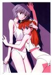  ass ayanami_rei blue_eyes blue_hair bow breast_press camisole crop_top hair_bow highres jpeg_artifacts leaning_forward long_hair midriff multiple_girls neon_genesis_evangelion orange_hair pale_skin panties red_eyes scan short_hair souryuu_asuka_langley takamura_kazuhiro underwear white_bow white_camisole white_panties yuri 