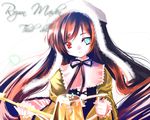  brown_hair closed_mouth dress green_dress green_eyes head_tilt heterochromia layered_dress long_hair long_sleeves looking_at_viewer red_eyes rozen_maiden sho_(runatic_moon) simple_background smile solo suiseiseki upper_body very_long_hair white_background 