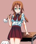  azuma_satori bamboo_blade bare_legs bow bowtie desk glasses johnny_funamushi jolly_roger ladle looking_at_viewer orange_background pleated_skirt red_bow red_neckwear red_skirt school_uniform shirt short_sleeves simple_background skirt solo standing table thighs white_shirt 