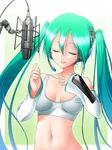  aqua_hair bra closed_eyes detached_sleeves fugetsu_taku green_nails hatsune_miku headset highres lingerie long_hair microphone microphone_stand music nail_polish singing solo sports_bra twintails underwear vocaloid 