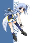  ahoge asymmetrical_legwear blue_eyes blue_hair character_name fingerless_gloves flipper gloves hair_ornament looking_at_viewer lyrical_nanoha mahou_shoujo_lyrical_nanoha_strikers reinforce_zwei solo thighhighs waist_cape x_hair_ornament 