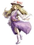  adapted_costume belt binayu boots buckle dress full_body hat knee_boots long_sleeves looking_at_viewer purple_dress simple_background solo standing sun_hat touhou watatsuki_no_toyohime white_background white_footwear wide_sleeves 
