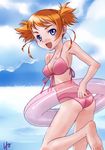  :d alternate_hairstyle arika_yumemiya ass barefoot bikini blue_eyes breasts cleavage cloud day feet front-tie_top innertube karamiti looking_at_viewer looking_back medium_breasts my-otome open_mouth orange_hair pink_bikini short_hair short_twintails sky smile soles solo standing standing_on_one_leg swimsuit transparent twintails 
