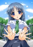  :o areolae blue_eyes blue_sky blush cloud day green_neckwear head_tilt kajiwara_sora large_areolae maho_(yakimorokoshi) necktie open_mouth outdoors outstretched_arms railing silver_hair sketchbook_full_colors sky solo spread_fingers 