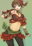  bangle bracelet breasts brown_hair dancer earrings final_fantasy final_fantasy_xi gradient gradient_background green_background hume jewelry large_breasts midriff mikazuki_akira! navel original solo 