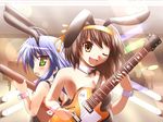  animal_ears brown_hair bunny_ears bunnysuit crossover guitar instrument izumi_konata jun_(aoerm) lucky_star multiple_girls short_hair suzumiya_haruhi suzumiya_haruhi_no_yuuutsu 