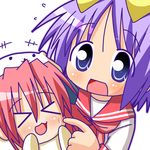  &gt;_&lt; animal_costume bear_costume bear_yutaka blue_eyes chibi closed_eyes hiiragi_tsukasa kobayakawa_yutaka lowres lucky_star minami_(colorful_palette) multiple_girls pink_neckwear purple_hair red_hair ryouou_school_uniform school_uniform serafuku short_hair 