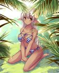  bikini breast_squeeze breasts cleavage dark_skin elf huge_breasts long_hair original pointy_ears shimakaze side-tie_bikini solo striped striped_bikini swimsuit white_hair yellow_eyes 