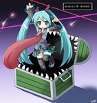  aqua_hair boots dragon_quest hatsune_miku long_hair mimic mimic_chest namesake panties parody signature solo thigh_boots thighhighs tomusooya translated twintails underwear very_long_hair vocaloid 