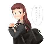  alternate_hairstyle bag bangs black_serafuku blunt_bangs brown_eyes brown_hair handbag long_sleeves lowres maria-sama_ga_miteru matsudaira_touko school_bag school_uniform serafuku solo toshifumi 