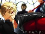  blonde_hair copyright_name covering_one_eye fate/stay_night fate_(series) fukurou gae_bolg gilgamesh hand_over_face kotomine_kirei lancer male_focus multiple_boys over_shoulder polearm red_eyes spear weapon weapon_over_shoulder 