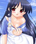  bare_shoulders blue_hair blush breasts copyright_request dress hase_yu long_hair medium_breasts open_mouth overalls red_eyes solo very_long_hair 