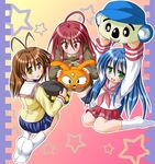  ahoge antenna_hair blue_eyes brown_eyes brown_hair clannad crossover furukawa_nagisa green_eyes hiiragi_tomoka hikarizaka_private_high_school_uniform izumi_konata long_hair lucky_star mascot multiple_girls pillow red_eyes red_hair ryouou_school_uniform school_uniform serafuku shakugan_no_shana shana short_hair 