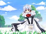  2007 apron black_dress brooch cloud cravat day dress flower hayashi_sakura jewelry juliet_sleeves kotonomiya_yuki leaning_forward long_dress long_sleeves maid maid_headdress outdoors puffy_sleeves red_eyes short_hair silver_hair sky smile snowdrop_(flower) solo suigetsu tree 