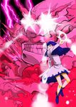  1girl bad_id bad_pixiv_id blue_eyes blue_hair chianti clenched_teeth cloud danmaku fighting_stance glowing glowing_eyes hood kumoi_ichirin lightning pink sparkle teeth touhou unzan 