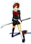  akira_hisa armband bad_id bad_pixiv_id bow brown_hair evoker female_protagonist_(persona_3) hair_ornament hairpin headphones holster kneehighs legs naginata persona persona_3 persona_3_portable polearm red_eyes ribbon school_uniform simple_background skirt socks solo weapon 