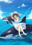  absurdres bad_id bad_pixiv_id bare_shoulders barefoot brown_eyes brown_hair cloud day dress hand_on_headwear hat hat_ribbon highres izumi_sai long_hair ocean open_mouth orca original ribbon riding sidesaddle sitting sky smile soaking_feet solo sun_hat sundress water 