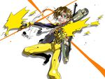  aida_kensuke blush brown_hair explosive firing freckles glasses grenade gun kasuga_souichi male_focus neon_genesis_evangelion plugsuit smile solo weapon 