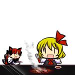  animal_ears apron blonde_hair braid cat_ears chibi food fork grill hair_ribbon kaenbyou_rin meat multiple_girls pointy_ears red_hair ribbon rumia simple_background socha touhou twin_braids yakiniku |_| 