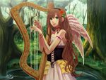  angel angel_wings bad_id bad_pixiv_id bare_shoulders blue_eyes brown_hair choker dress flower forest hair_flower hair_ornament hairband harp highres instrument lips long_hair multicolored multicolored_nails nail_polish nature original solo water wings xino 