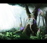  bird closed_eyes dryad forest green_hair highres multiple_girls nature original plant_girl rain red_eyes tree un 