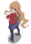  aisaka_taiga blush brown_eyes brown_hair crossed_arms frown long_hair looking_back looking_up school_uniform ska solo thighhighs toradora! very_long_hair 