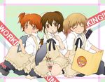  3girls apron blonde_hair brown_eyes brown_hair closed_eyes eating food food_on_face hair_bobbles hair_ornament ice_cream ice_cream_on_face inami_mahiru katana kneehighs long_hair menu multiple_girls orange_eyes orange_hair parfait ponytail shoe_dangle short_hair short_twintails side_ponytail sitting skirt smile socks spoon sword taneshima_popura todoroki_yachiyo tray twintails waitress weapon working!! 