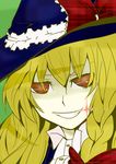  absurdres bad_id bad_pixiv_id blonde_hair brown_eyes close-up face glint grin hat hat_ribbon highres kirisame_marisa portrait red_eyes ribbon shigure_ame smile solo touhou 