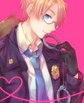  america_(hetalia) axis_powers_hetalia bad_id bad_pixiv_id blonde_hair blue_eyes cowboy cowboy_hat cuffs gloves handcuffs hat heart jacket male_focus necktie smile solo western yousan 