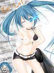  bad_id bad_pixiv_id belt bikini_top black_rock_shooter black_rock_shooter_(character) blue_hair burning_eye colorized flat_chest highres k-asul long_hair looking_at_viewer one_eye_closed pale_skin scar shorts smile solo twintails 