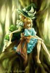  absurdres alice_margatroid alternate_costume back-to-back bad_id bad_pixiv_id barefoot blonde_hair bow closed_eyes dress frilled_dress frills hairband hands_on_own_knees hat highres in_tree kirisame_marisa large_bow leg_hug multiple_girls nature roots sitting sitting_in_tree smile touhou tree windyakuma witch_hat 