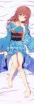  barefoot bed blue_eyes blush breasts brown_hair dakimakura dinyc feet full_body highres japanese_clothes kimono large_breasts legs long_hair lying original sample smile solo 