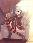  amami_haruka amami_haruka_(cosplay) bad_id bad_pixiv_id blue_hair blush boots brown_eyes chair cosplay detached_sleeves easy_chair flat_chest highres idolmaster idolmaster_(classic) kisaragi_chihaya knee_up komi_zumiko leg_hug leg_lift legs long_hair necktie ponytail punkish_gothic sitting skirt solo striped striped_legwear thighhighs 