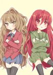  aisaka_taiga bad_id bad_pixiv_id brown_eyes brown_hair crossed_arms kugimiya_rie long_hair migu_(migu_room) multiple_girls red_eyes red_hair school_uniform seiyuu_connection serafuku shakugan_no_shana shana thighhighs toradora! 