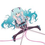  aqua_eyes aqua_hair boots detached_sleeves fingerless_gloves from_above gloves hatsune_miku legs long_hair microphone microphone_stand necktie renha simple_background sitting skirt solo stand thigh_boots thighhighs twintails vocaloid 