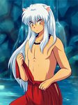  animal_ears dog_ears inuyasha inuyasha_(character) japanese_clothes jewelry kimono long_hair male_focus necklace orange_eyes shirtless solo tennen_shiori undressing water waterfall white_hair 