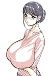  black_hair blouse blue_eyes blush breast_lift breast_rest breasts gigantic_breasts glasses hair_bun long_hair magaki_ryouta mature smile solo standing 