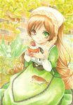  :q bird brown_hair colored_pencil_(medium) cupcake eating food food_on_face fruit heterochromia kokkoro long_hair rozen_maiden sitting solo strawberry suiseiseki tongue tongue_out traditional_media very_long_hair 
