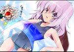  =_= blood clenched_hand closed_eyes covered_navel dutch_angle grey_hair innertube izayoi_sakuya multiple_girls name_tag navel nosebleed one-piece_swimsuit purple_eyes purple_hair remilia_scarlet school_swimsuit swimsuit touhou translated transparent wings yoimu 