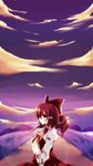  bow brown_eyes brown_hair cloud detached_sleeves hair_bow hakurei_reimu kokoro_na profile purple sky solo touhou 