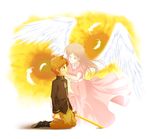  1girl angel_wings arano_hachi bad_id bad_pixiv_id boots brown_hair claus dress feathers flower ghost head_hold hinawa kneeling long_hair mother_(game) mother_3 mother_and_son orange_hair spoilers sunflower sword tears weapon wings 