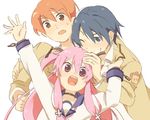  2boys :d angel_beats! blue_hair blush brown_eyes choker coat cross hayato_(meromoni) hinata_(angel_beats!) long_hair long_sleeves looking_at_viewer multiple_boys open_mouth orange_hair otonashi_(angel_beats!) pink_eyes pink_hair school_uniform serafuku shirt short_hair simple_background smile sweatdrop teeth two_side_up white_background white_shirt yui_(angel_beats!) 