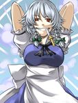  braid evil_grin evil_smile grin izayoi_sakuya knife maid red_eyes short_hair silver_hair smile solo suwi touhou twin_braids 