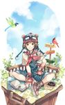  ascot aviator_cap bird book boots brown_eyes brown_hair cardinal_(bird) cloud clover day doughnut food four-leaf_clover gloves goggles goggles_on_head hat male_focus metawin original overalls sign solo watch wristwatch 